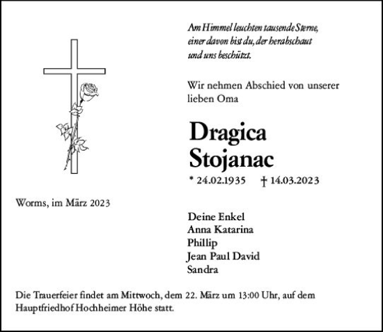 Traueranzeige von Dragica Stojanac von Wormser Zeitung