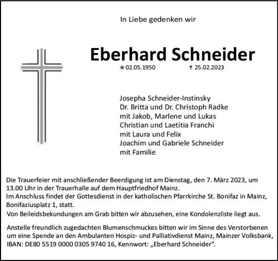 Traueranzeige von Eberhard Schneider von Allgemeine Zeitung Mainz