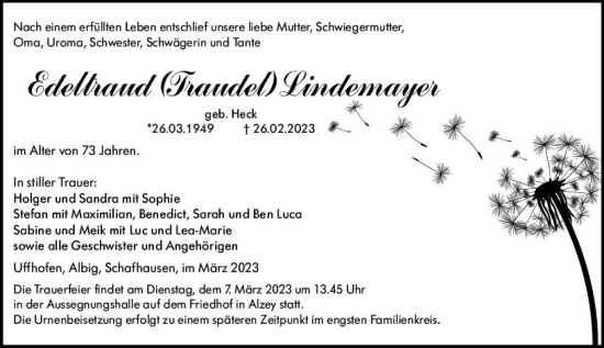 Traueranzeige von Edeltraud Lindemayer von Allgemeine Zeitung Alzey