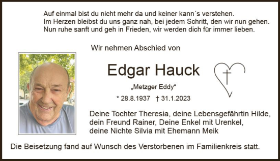 Traueranzeige von Edgar Hauck von Dieburger Anzeiger/Groß-Zimmerner Lokal-Anzeiger
