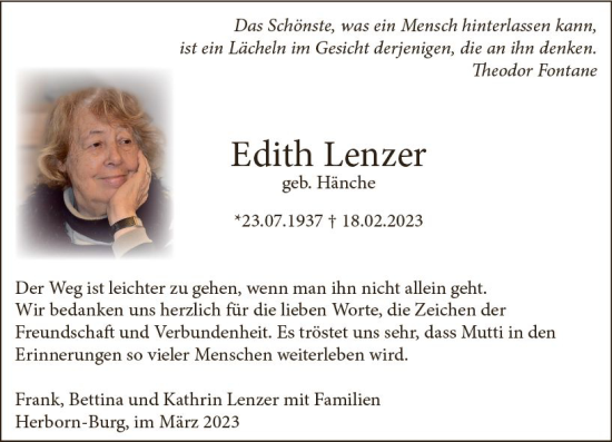 Traueranzeige von Edith Lenzer von Dill Block