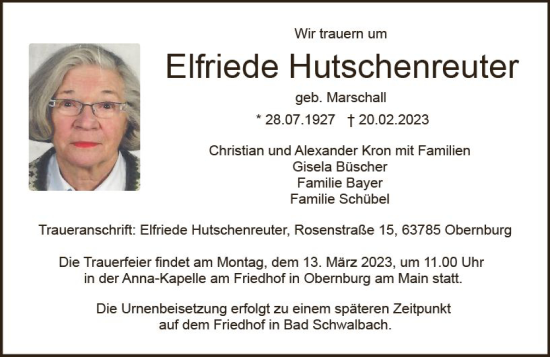 Traueranzeige von Elfriede Hutschenreuter von Wiesbadener Kurier