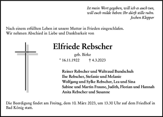 Traueranzeige von Elfriede Rebscher von Odenwälder Echo