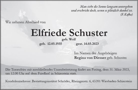 Traueranzeige von Elfriede Schuster von Wiesbadener Kurier