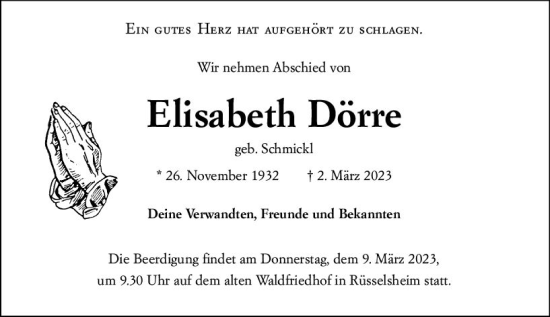 Traueranzeige von Elisabeth Dörre von Rüsselsheimer Echo