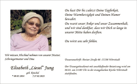 Traueranzeige von Elisabeth Jung von Allgemeine Zeitung Alzey