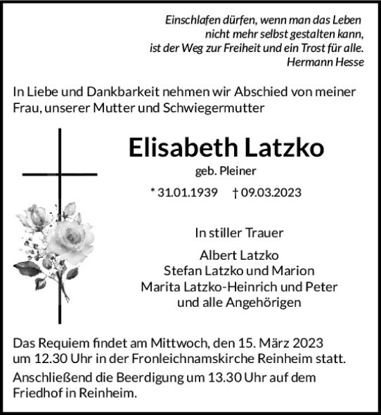 Traueranzeige von Elisabeth Latzko von Darmstädter Echo