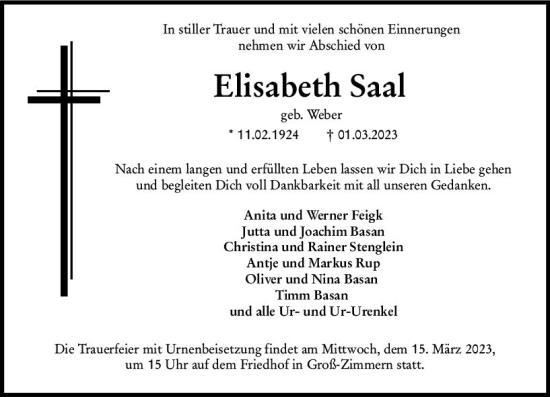 Traueranzeige von Elisabeth Saal von Dieburger Anzeiger/Groß-Zimmerner Lokal-Anzeiger