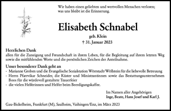 Traueranzeige von Elisabeth Schnabel von Allgemeine Zeitung Alzey