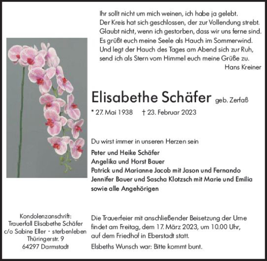Traueranzeige von Elisabethe Schäfer von Darmstädter Echo