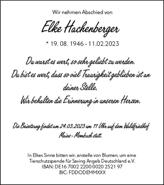 Traueranzeige von Elke Hachenberger von Allgemeine Zeitung Mainz