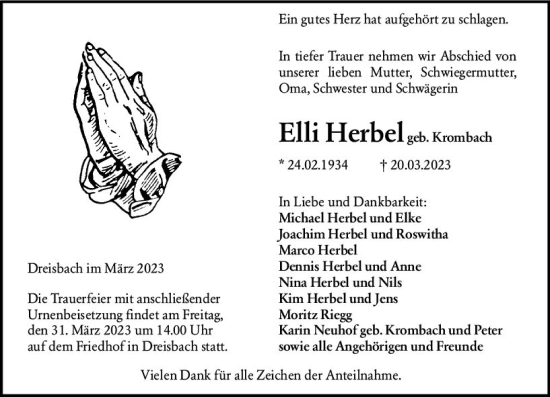 Traueranzeige von Elli Herbel von Wetzlarer Neue Zeitung