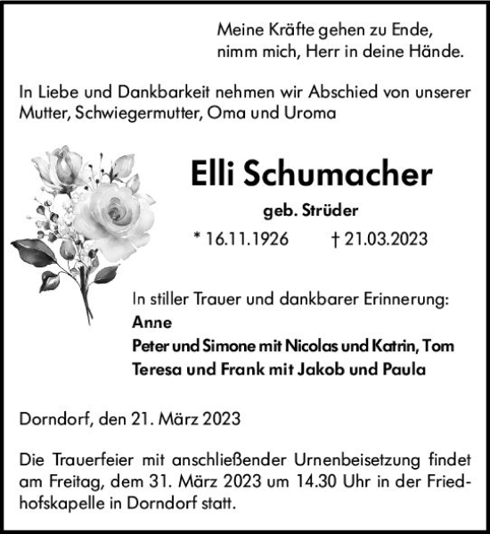Traueranzeige von Elli Schumacher von Nassauische Neue Presse