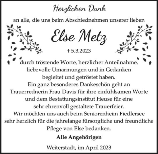 Traueranzeige von Elsa Metz von Darmstädter Echo
