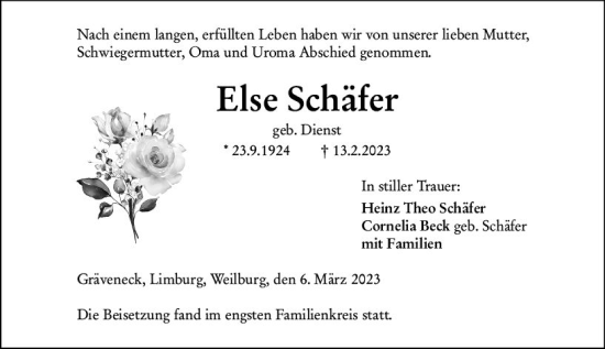 Traueranzeige von Else Schäfer von Weilburger Tageblatt