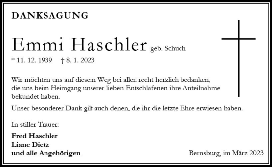 Traueranzeige von Emmi Haschler von Oberhessen Kurier