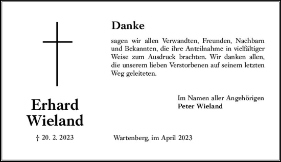 Traueranzeige von Erhard Wieland von Oberhessen Kurier