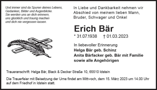 Traueranzeige von Erich Bär von Idsteiner Land/Untertaunus