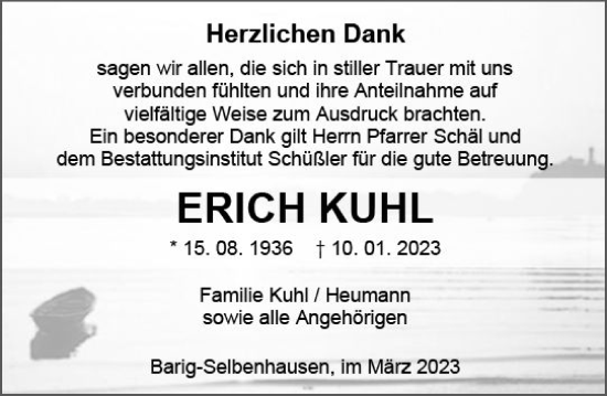 Traueranzeige von Erich Kuhl von Weilburger Tageblatt