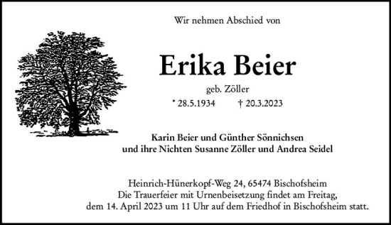 Traueranzeige von Erika Beier von Rüsselsheimer Echo
