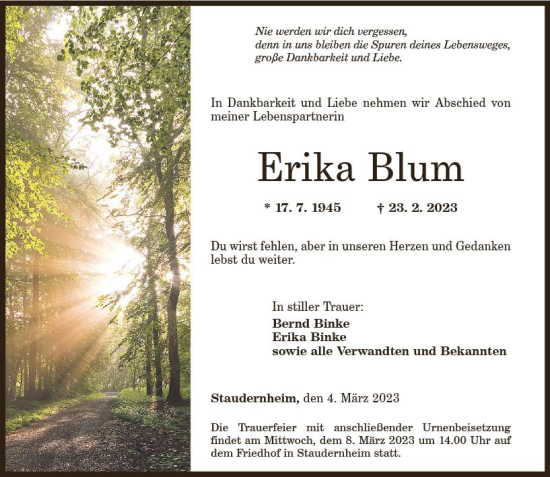 Traueranzeige von Erika Blum von Allgemeine Zeitung Bad Kreuznach