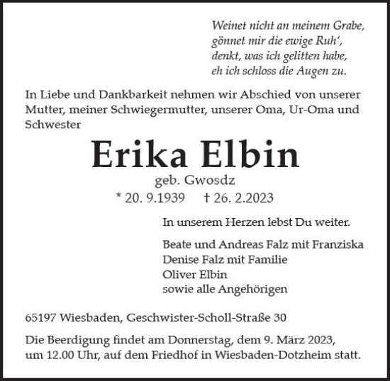 Traueranzeige von Erika Elbin von Wiesbadener Kurier