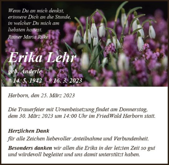 Traueranzeige von Erika Lehr von Dill Block
