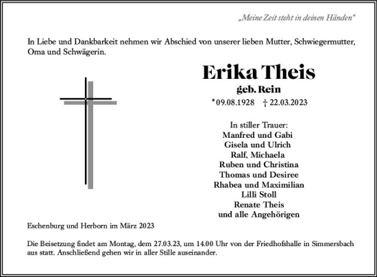 Traueranzeige von Erika Theis von Dill Block