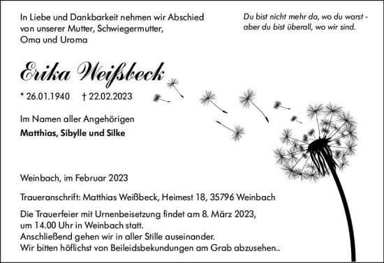Traueranzeige von Erika Weißbeck von Weilburger Tageblatt