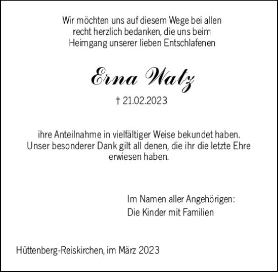 Traueranzeige von Erna Watz von Wetzlarer Neue Zeitung