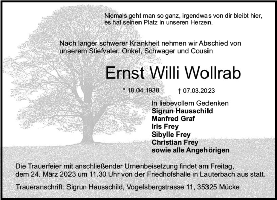 Traueranzeige von Ernst Willi Wollrab von VRM Trauer