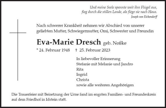 Traueranzeige von Eva-Marie Dresch Noßke von Wiesbadener Kurier