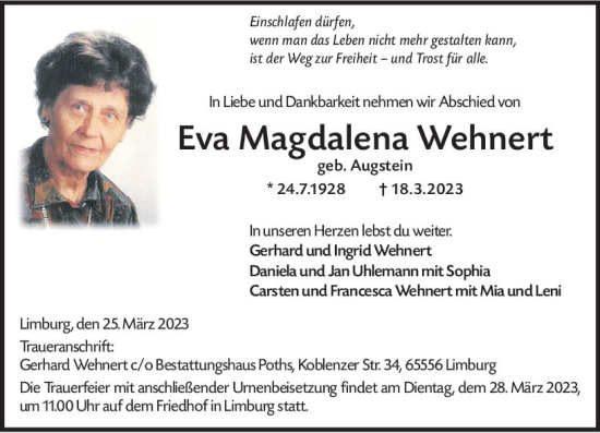 Traueranzeige von Eva Magdalena Wehnert von Wiesbadener Kurier