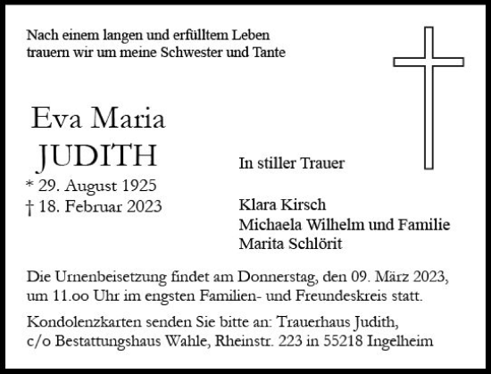 Traueranzeige von Eva Maria Judith von Allgemeine Zeitung Bingen/Ingelheim