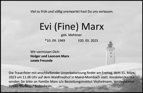 Traueranzeige von Evi Marx von Allgemeine Zeitung Mainz