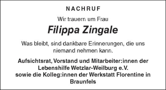 Traueranzeige von Filippa Zingale von Weilburger Tageblatt