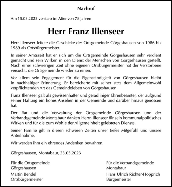 Traueranzeige von Franz Illenseer von Nassauische Neue Presse