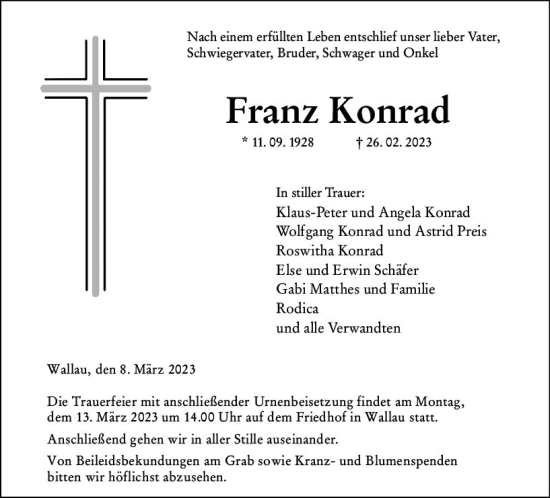 Traueranzeige von Franz Konrad von Hinterländer Anzeiger