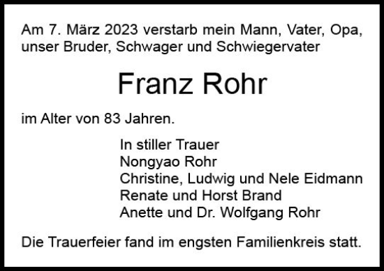 Traueranzeige von Franz Rohr von Dieburger Anzeiger/Groß-Zimmerner Lokal-Anzeiger