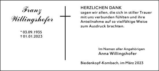 Traueranzeige von Franz Willingshofer von Hinterländer Anzeiger