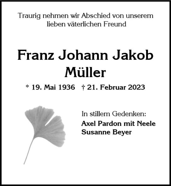 Traueranzeige von Franz Johann Jakob Müller von Wiesbadener Kurier