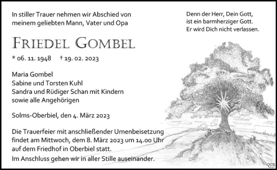 Traueranzeige von Friedel Gombel von Wetzlarer Neue Zeitung