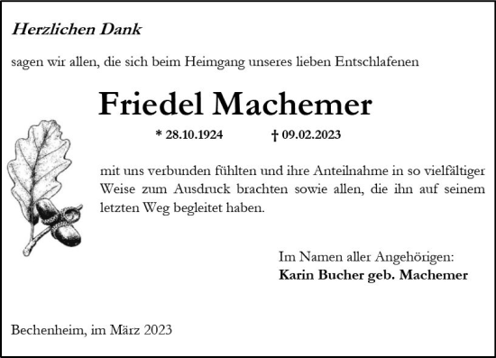 Traueranzeige von Friedel Machemer von Allgemeine Zeitung Alzey