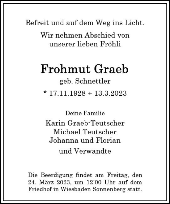 Traueranzeige von Frohmut Graeb von Wiesbadener Kurier