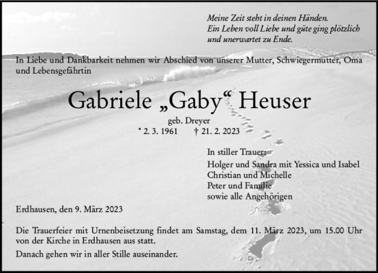 Traueranzeige von Gabriele Heuser von Hinterländer Anzeiger