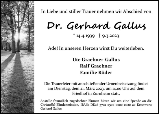 Traueranzeige von Gerhard Gallus von Allgemeine Zeitung Mainz