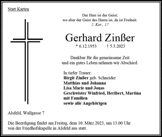 Traueranzeige von Gerhard Zinßer von VRM Trauer
