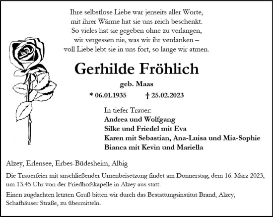 Traueranzeige von Gerhilde Fröhlich von Allgemeine Zeitung Alzey