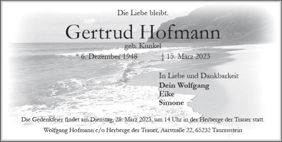 Traueranzeige von Gertrud Hofmann von Wiesbadener Kurier