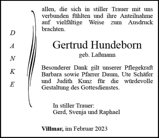 Traueranzeige von Gertrud Hundeborn von Nassauische Neue Presse